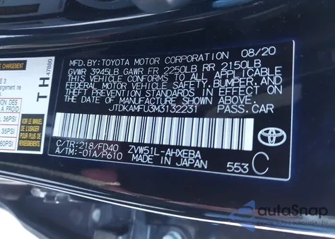 2021 Toyota Prius Le from USA, damaged, VIN JTDKAMFU3M3132231